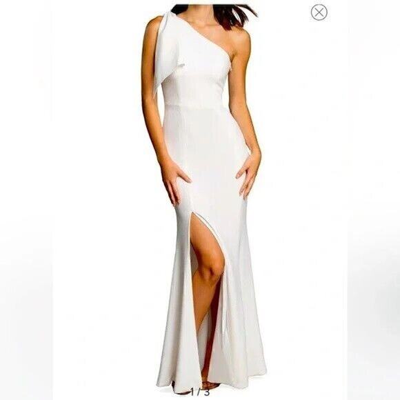 NWT Dress The Population Georgina One-Shoulder Crepe Gown Bow Detail White Large - Picture 1 of 9